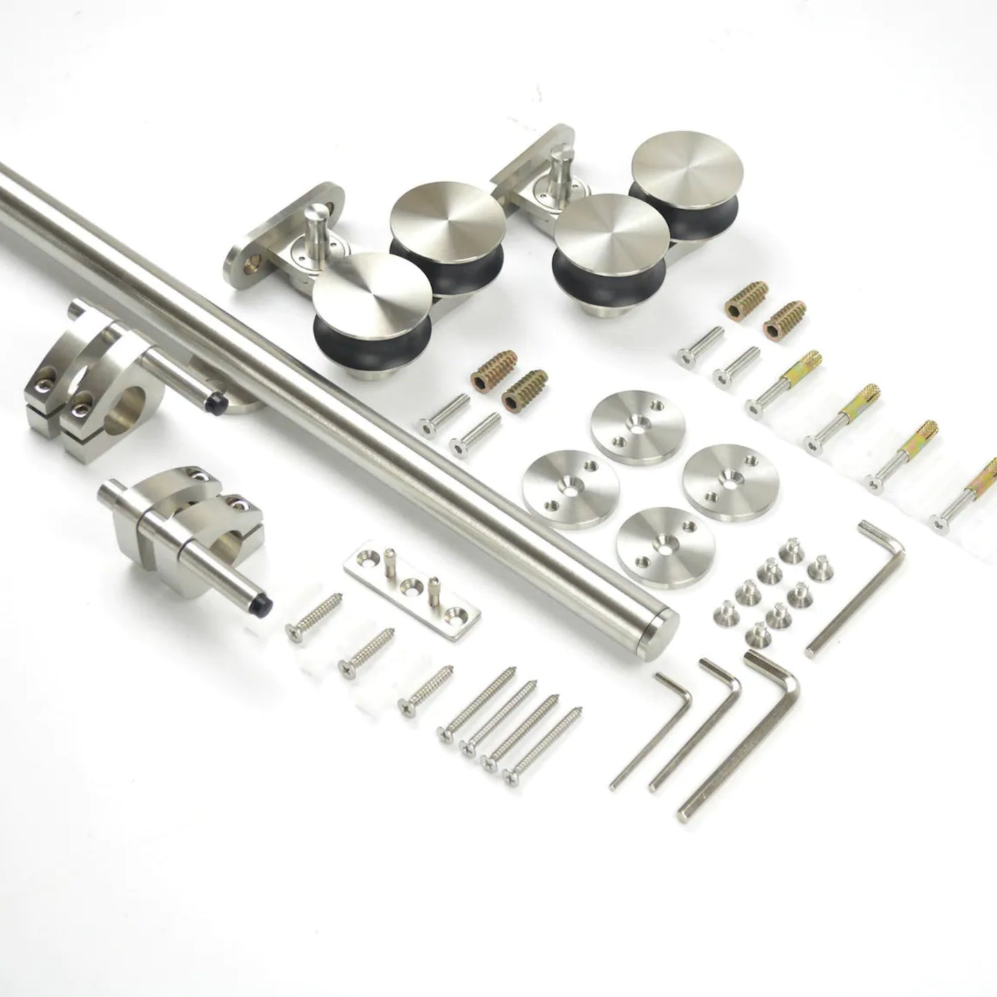 Dual top mounted brushed stainless steel solid double head roller wood sliding interior barn closet door hardware track kit rolling rail kit