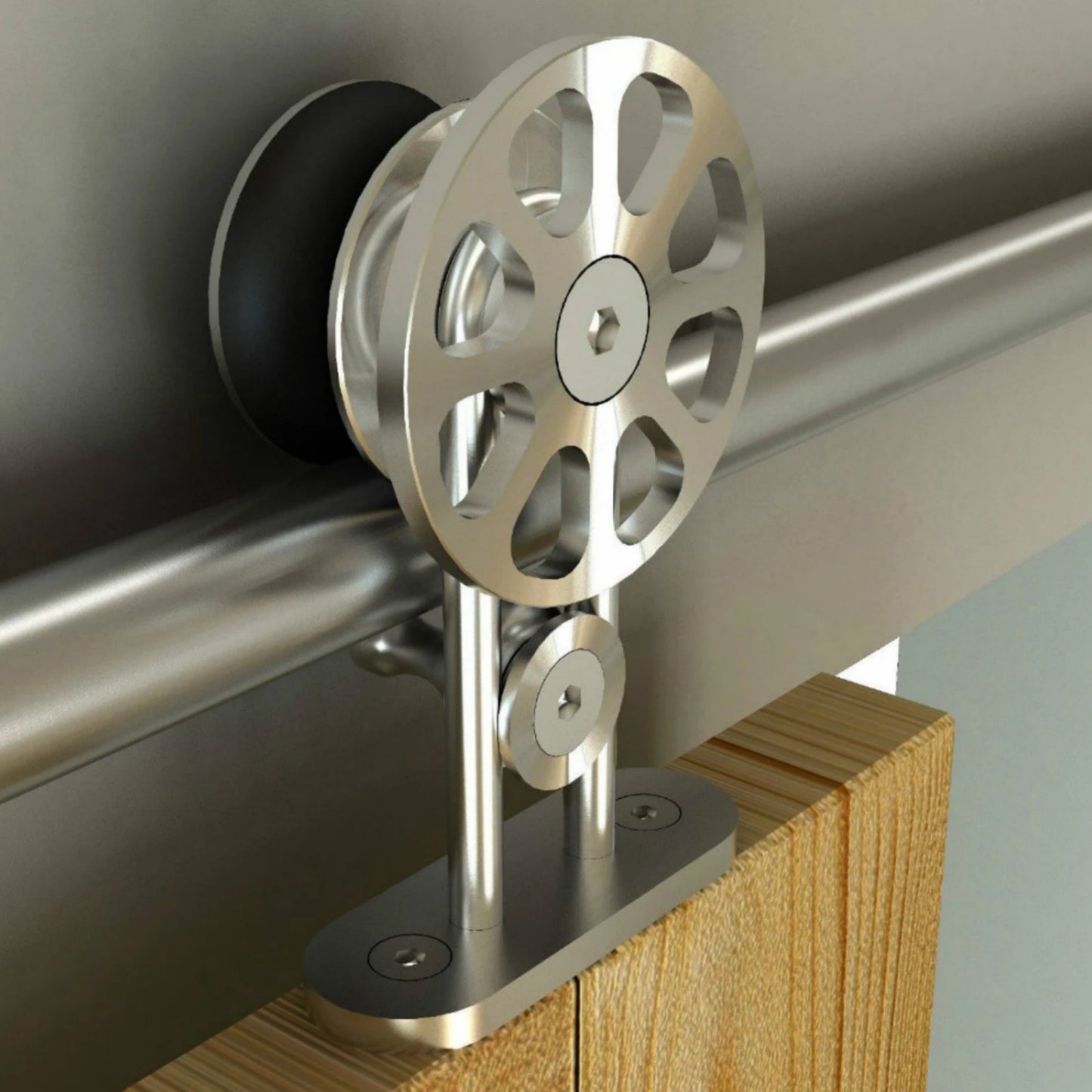 Brushed spoke wheel top mounted stainless steel rolling sliding barn wood door hardware barn hanger roller track set kit