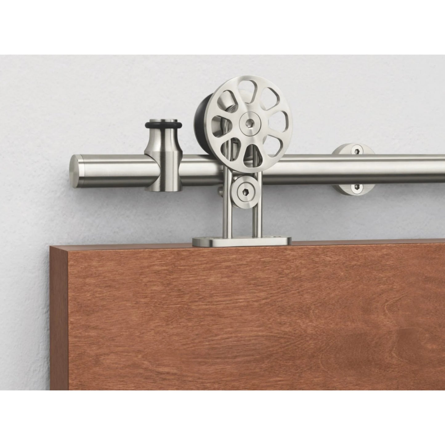 Brushed spoke wheel top mounted stainless steel rolling sliding barn wood door hardware barn hanger roller track set kit