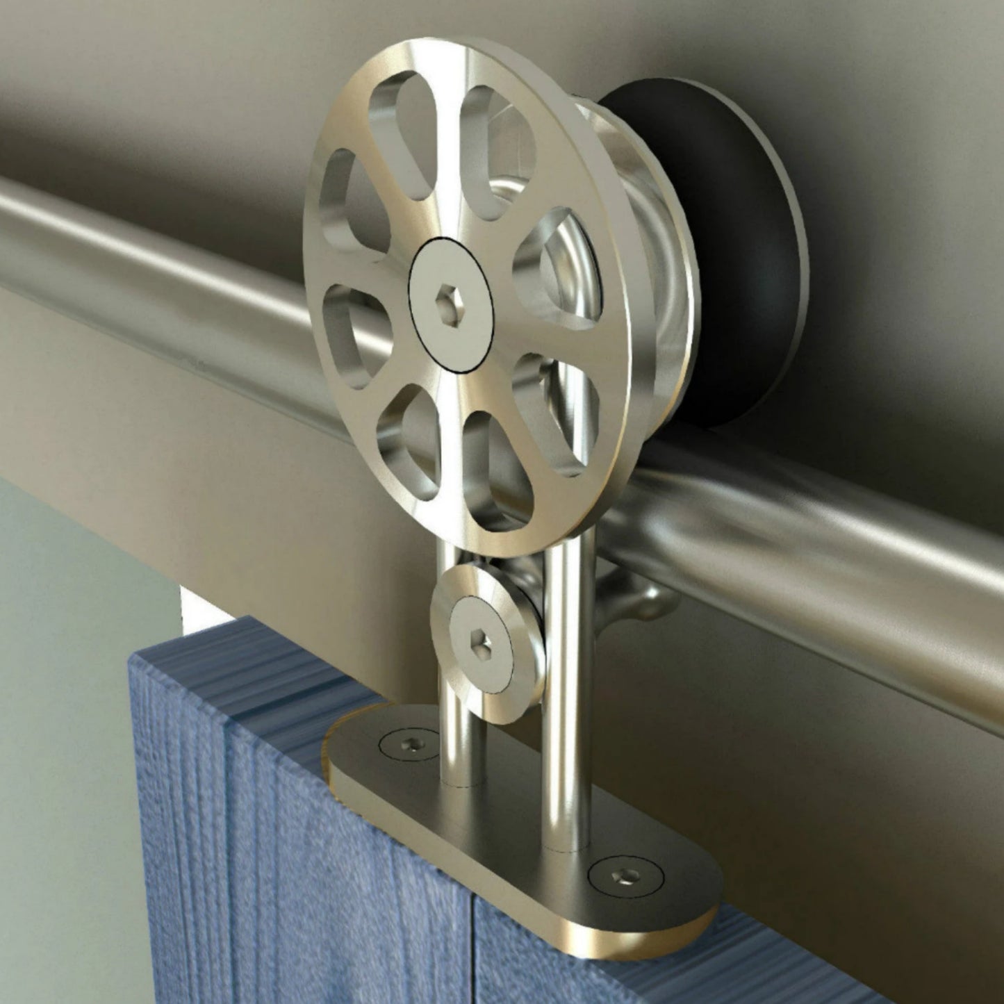 Brushed spoke wheel top mounted stainless steel rolling sliding barn wood door hardware barn hanger roller track set kit