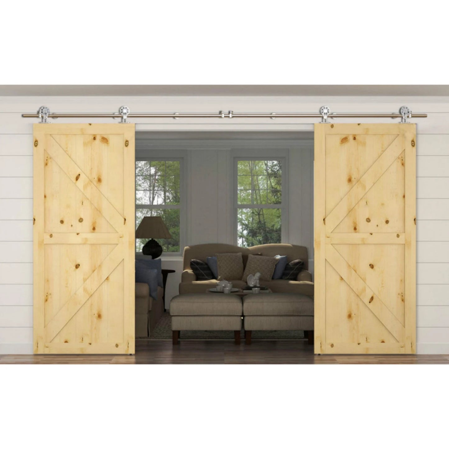 Brushed spoke wheel top mounted stainless steel rolling sliding barn wood door hardware barn hanger roller track set kit