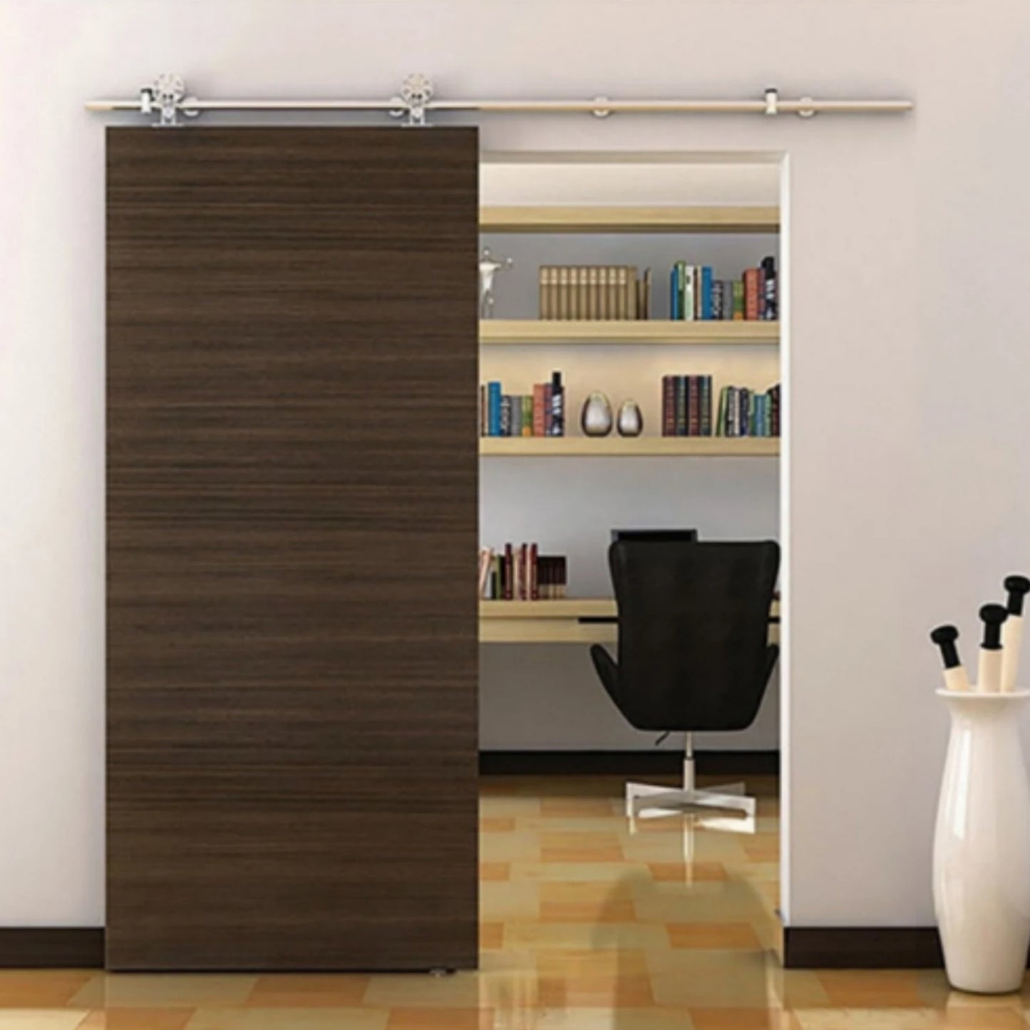 Brushed spoke wheel top mounted stainless steel rolling sliding barn wood door hardware barn hanger roller track set kit