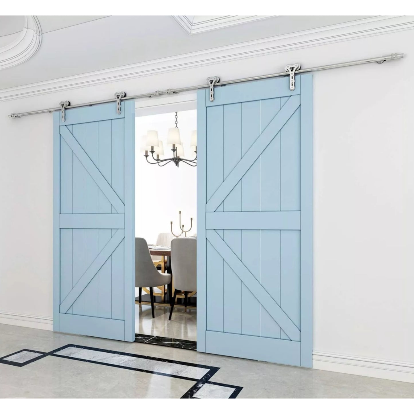 Heavy Duty Brushed Stainless Steel Sliding Barn Wood Door Interior Double Head Hollow-Out Hanger Wheel Barn Track Sliding Kit 5FT-16FT