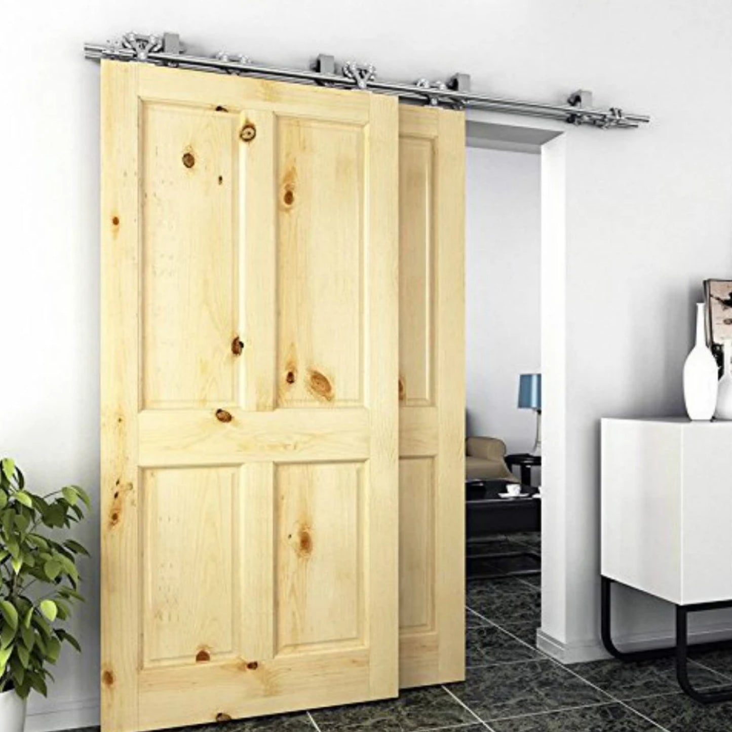 DUAL WHEEL Bypass Brushed Stainless Steel Top Mounted Sliding Barn Door Hardware Wood Door Sliding Track Kit Set For 2 Doors and 4 Doors