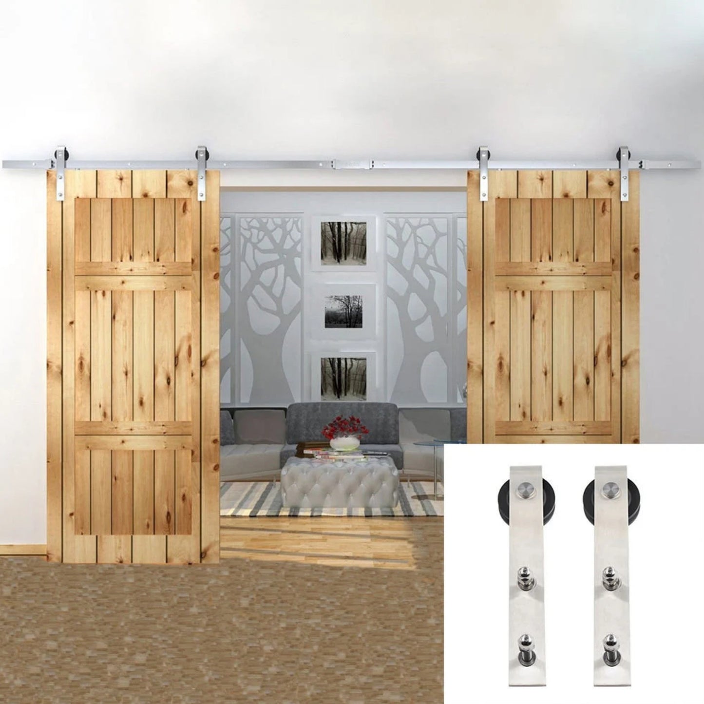 DIY Wood Door Antique Interior Brushed Stainless Steel Sliding Rolling Barn Door Hardware Track Hanger Set Kit