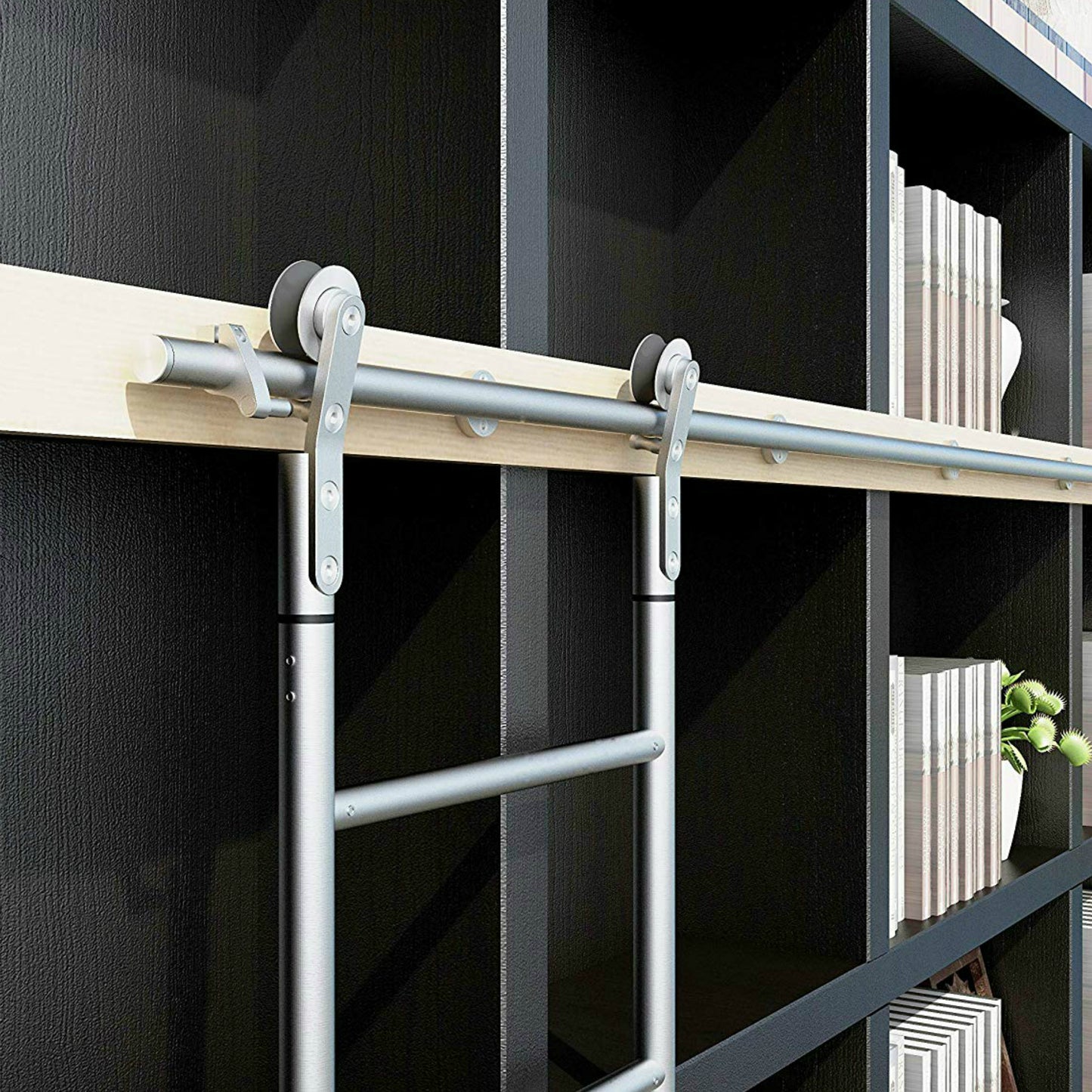 Custom Made Contemporary Telescopic Vertically Stored Brushed Stainless Steel Sliding Rolling Ladder Library Ladder