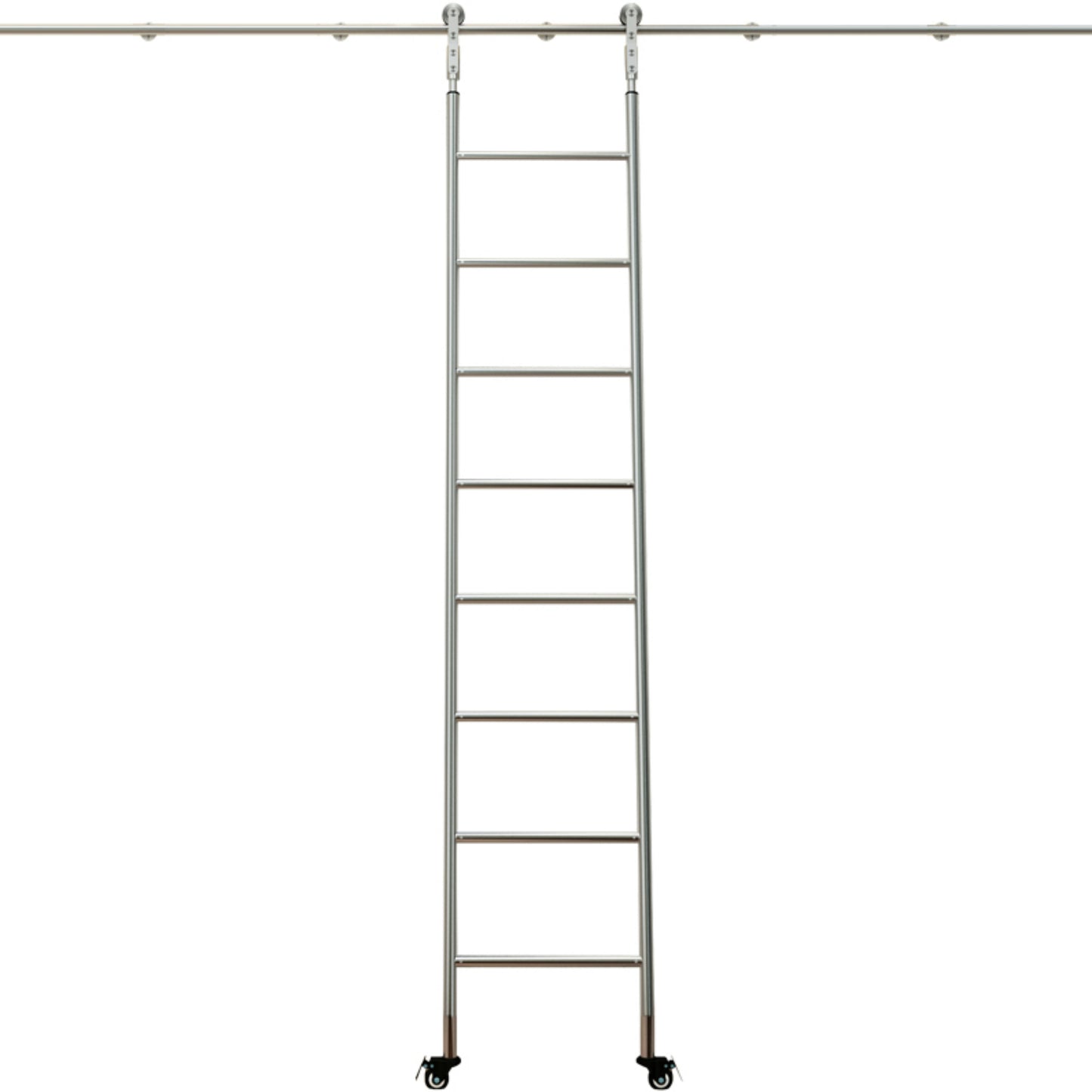 Custom Made Contemporary Telescopic Vertically Stored Brushed Stainless Steel Sliding Rolling Ladder Library Ladder