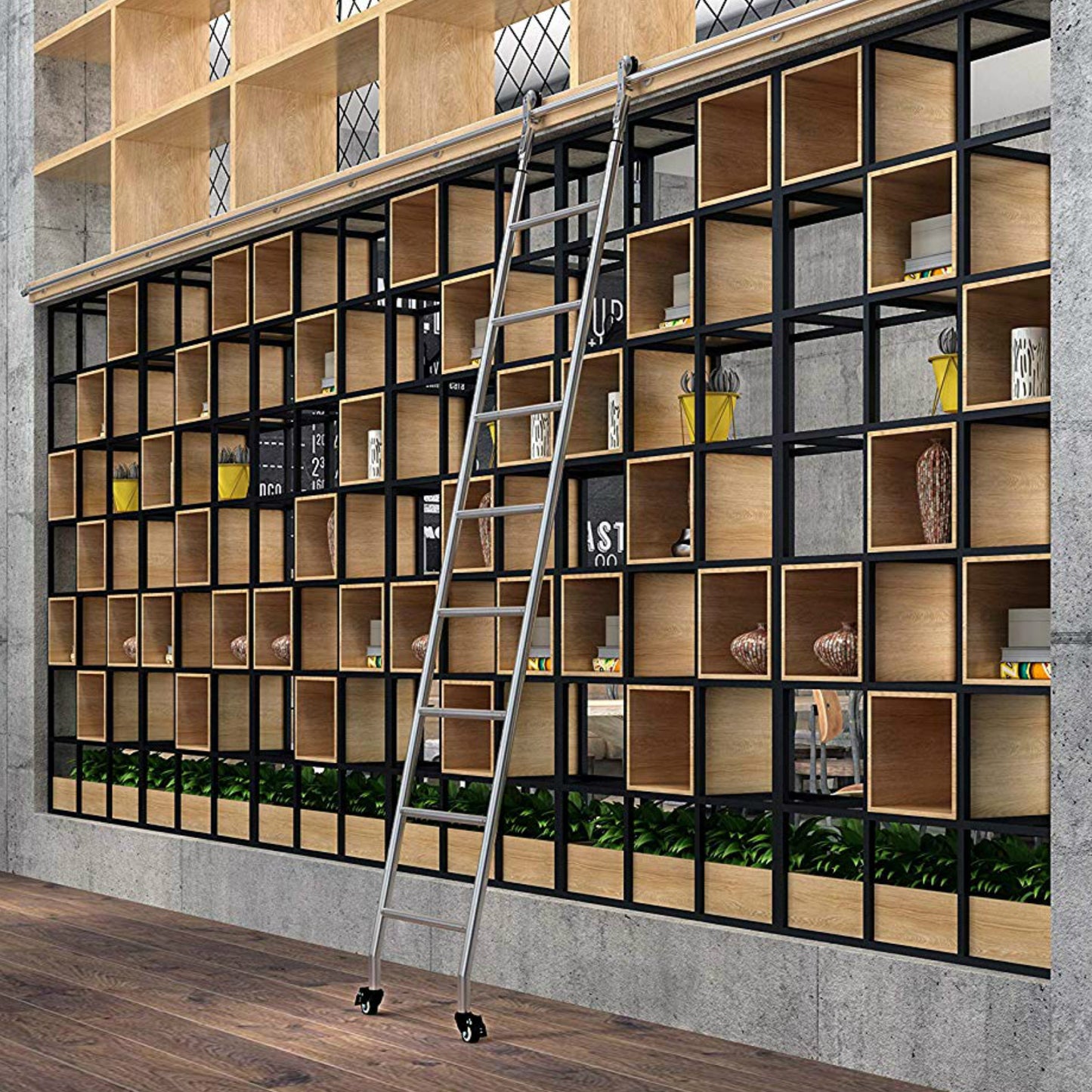 Custom Made Contemporary Telescopic Vertically Stored Brushed Stainless Steel Sliding Rolling Ladder Library Ladder