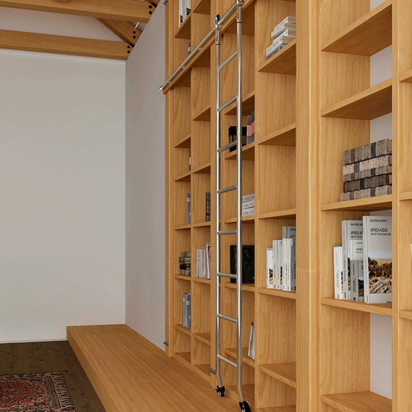 Custom Made Contemporary Telescopic Vertically Stored Brushed Stainless Steel Sliding Rolling Ladder Library Ladder