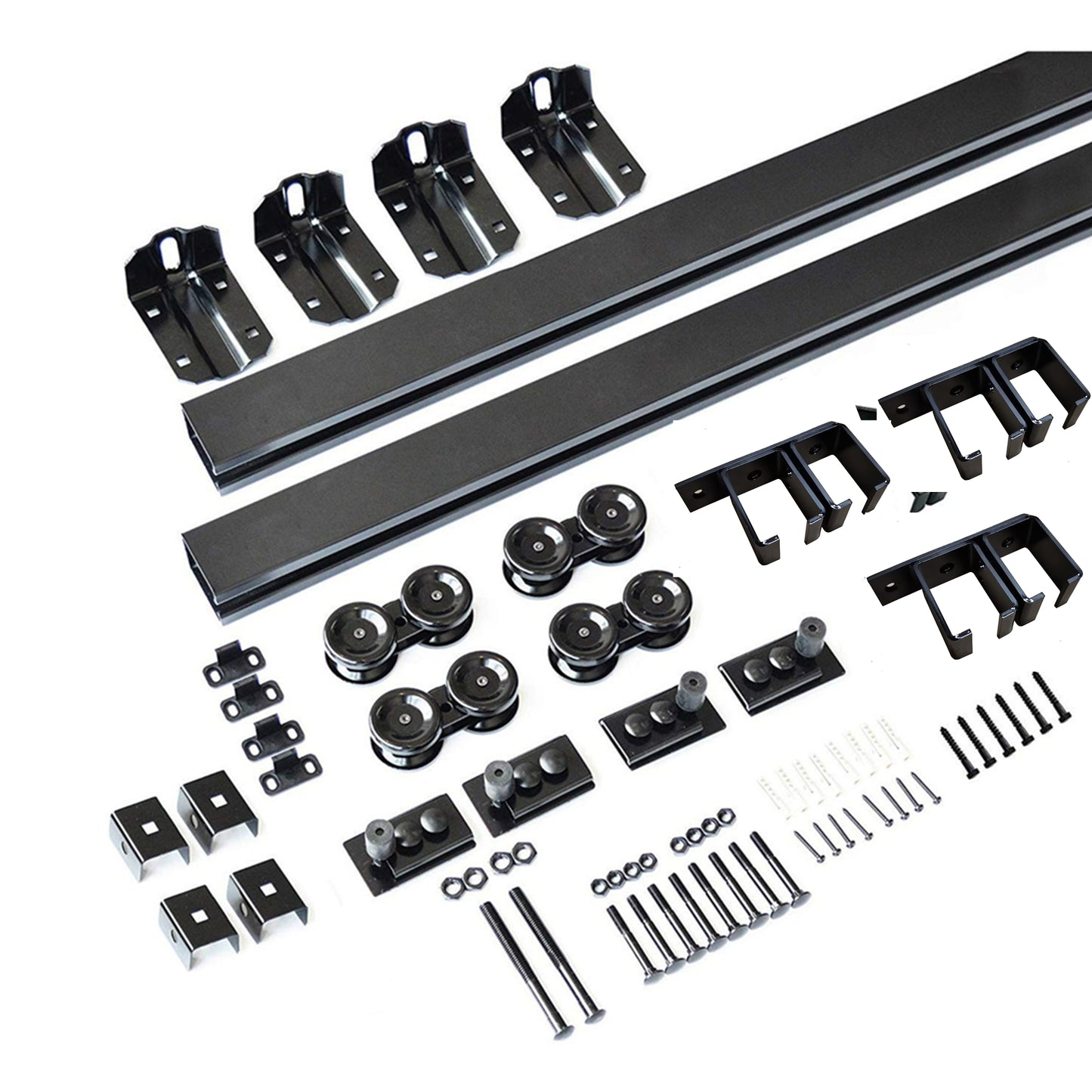 Black Steel Heavy Duty Box Track Ceiling Bracket Bypass Sliding Barn Door Hardware Wood Exterior Interior Carriage Door Track Trolley Set Kit