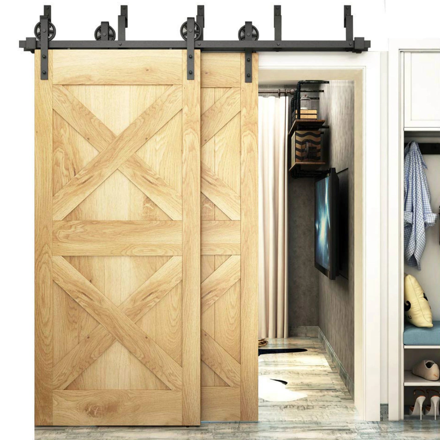 Bypass Steel Sliding Barn Wood Door Hardware Interior Closet Cupboard Door Big Spoke Wheel Sliding Track Roller Kit for 2 doors and 4 doors