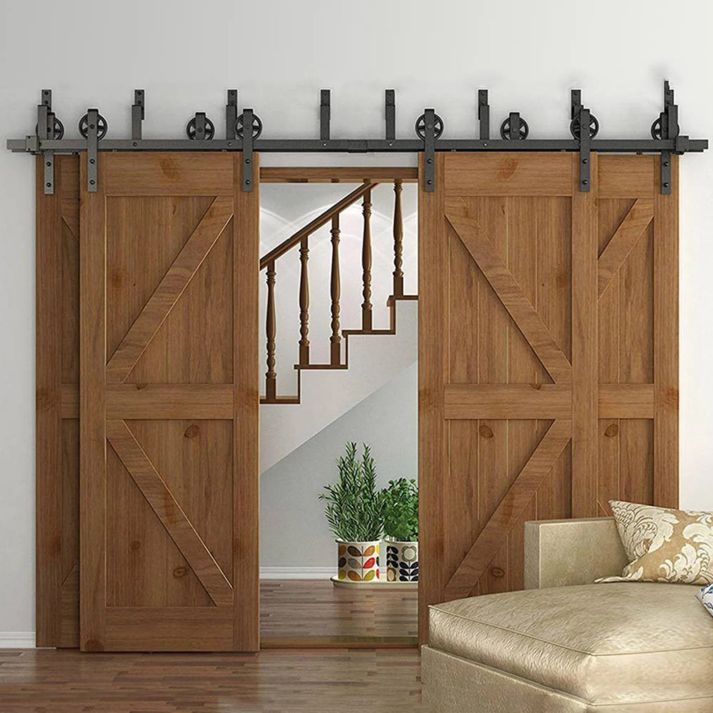 Bypass Steel Sliding Barn Wood Door Hardware Interior Closet Cupboard Door Big Spoke Wheel Sliding Track Roller Kit for 2 doors and 4 doors