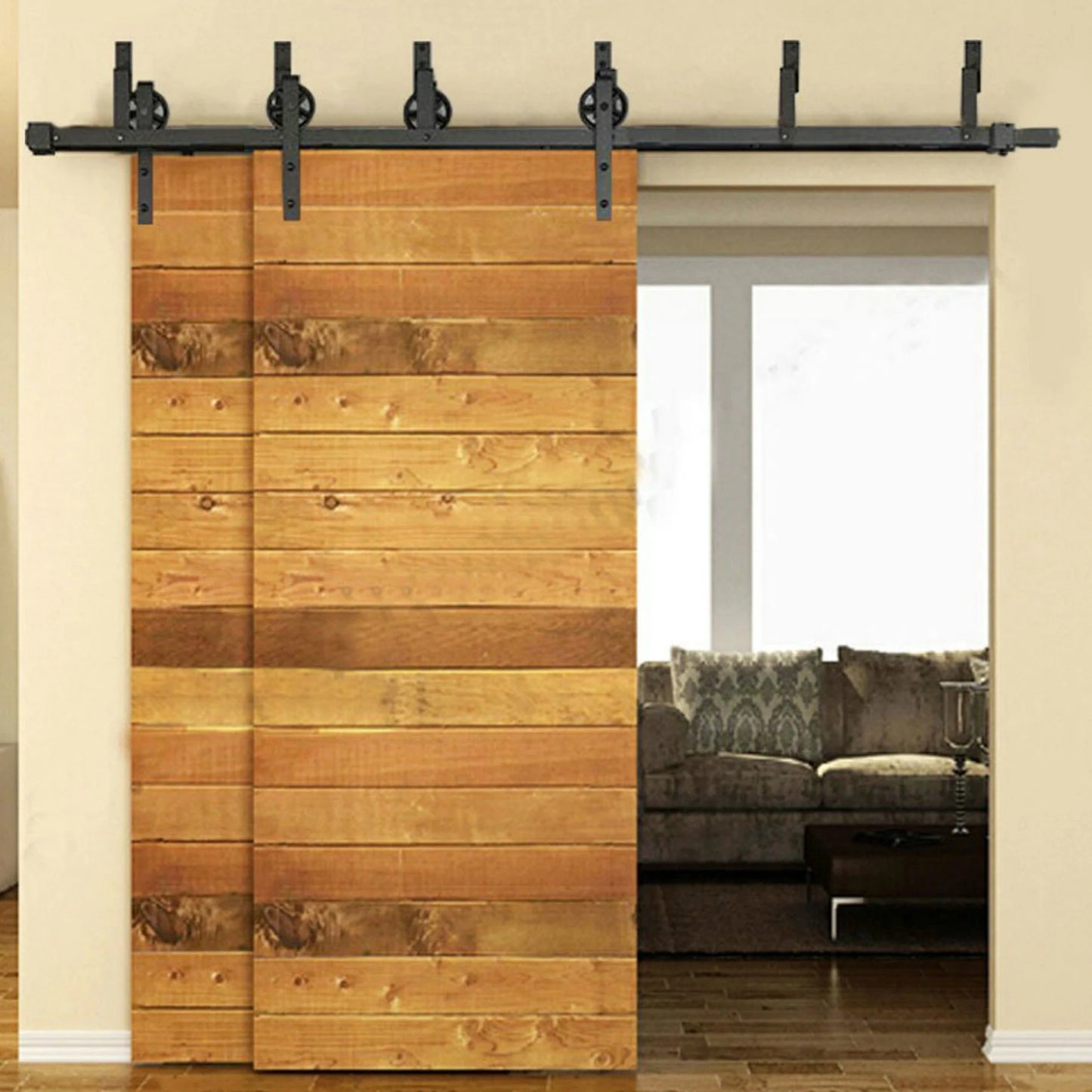 Bypass Steel Sliding Barn Wood Door Hardware Interior Closet Cupboard Door Big Spoke Wheel Sliding Track Roller Kit for 2 doors and 4 doors