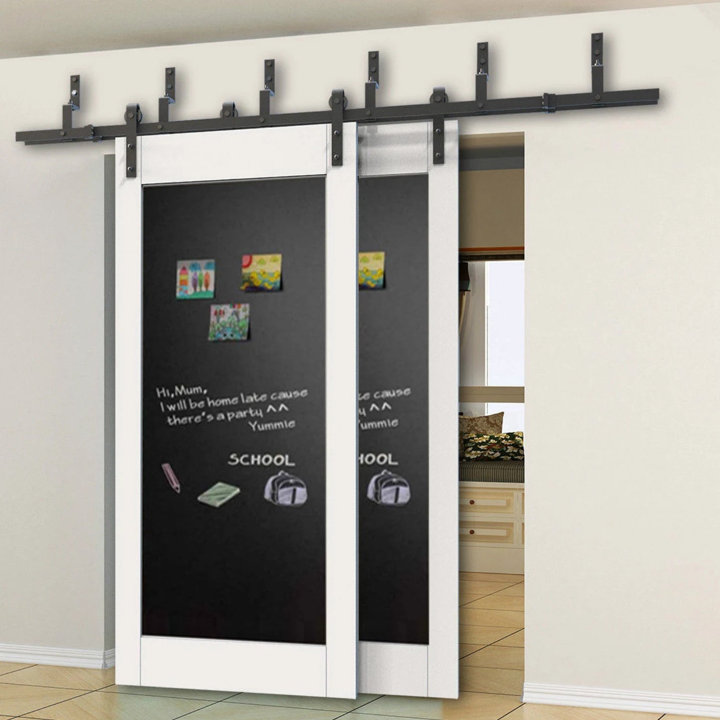 5-16FT rustic black steel bypass barn door hardware wall mount bypass sliding door track roller kit