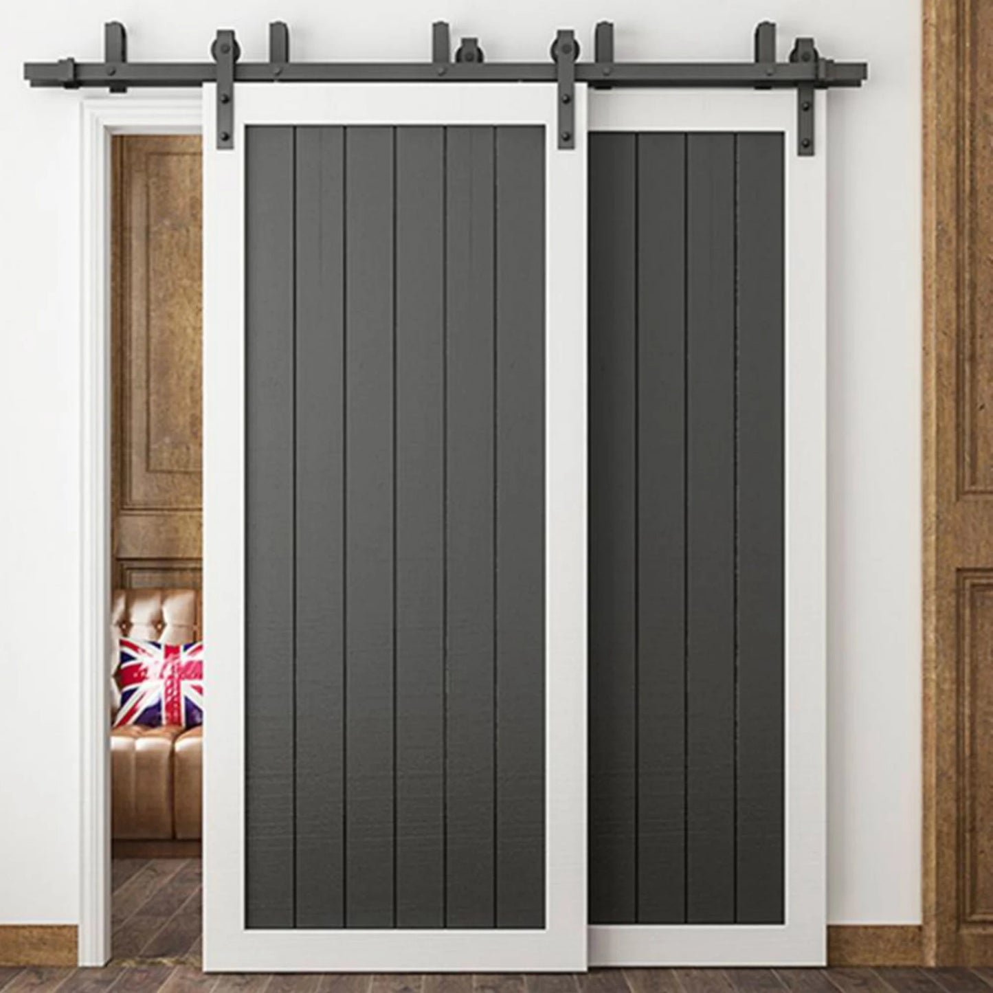 5-16FT rustic black steel bypass barn door hardware wall mount bypass sliding door track roller kit