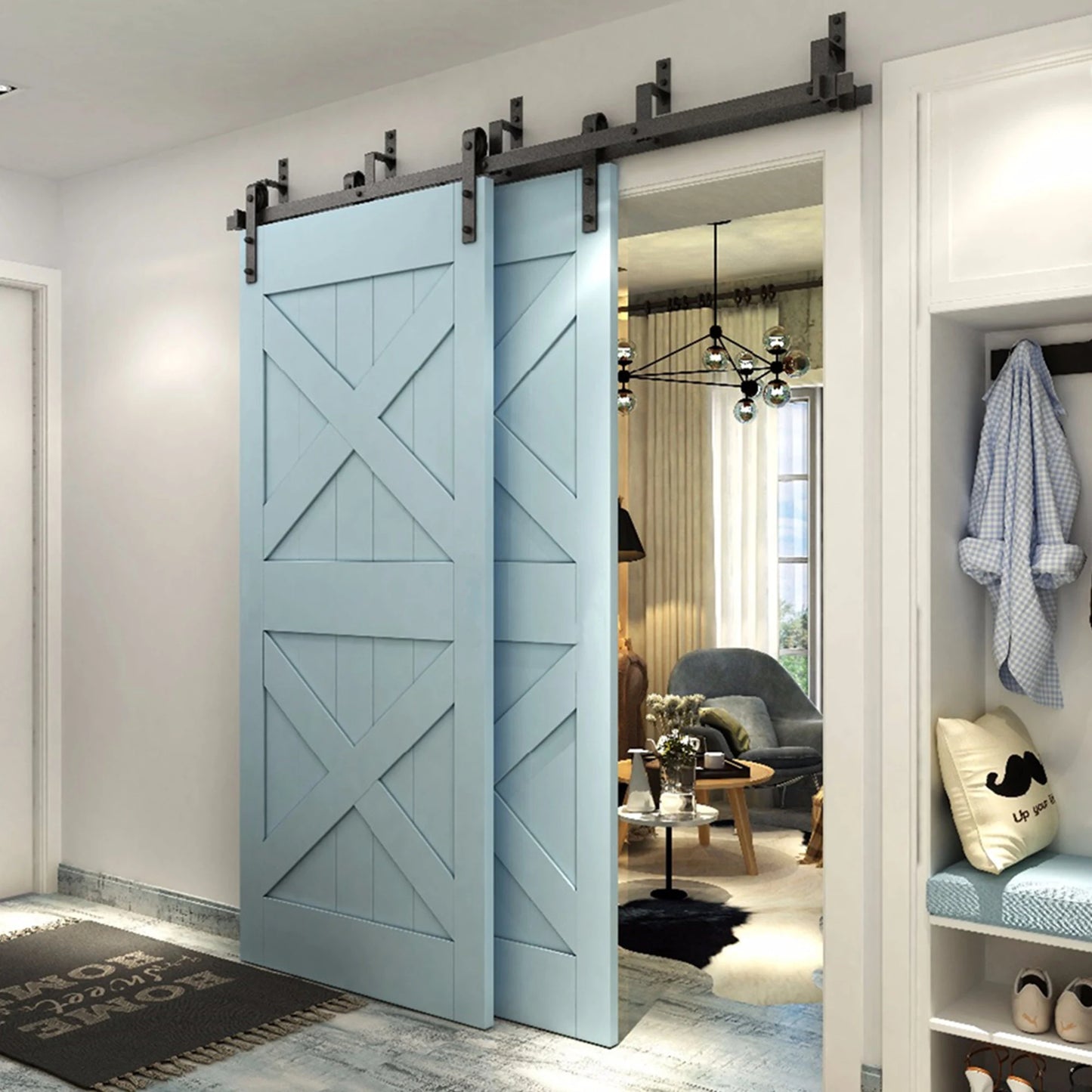 4-8.2FT black steel bypass barn door hardware one piece wall mount bypass sliding door track roller kit