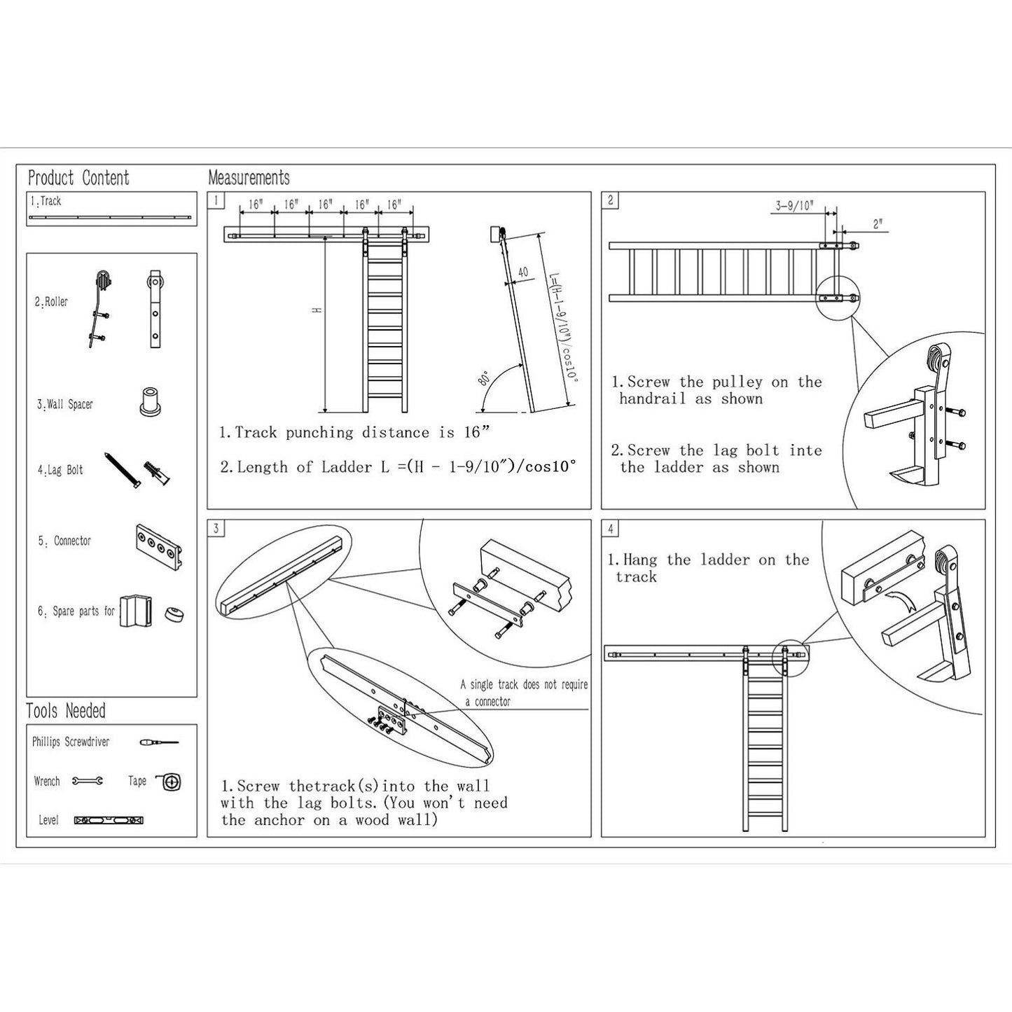 3.3FT -16FT Rolling Rustic Black Steel Sliding Library Office Ladder Hardware Track Set Kit (No ladder)