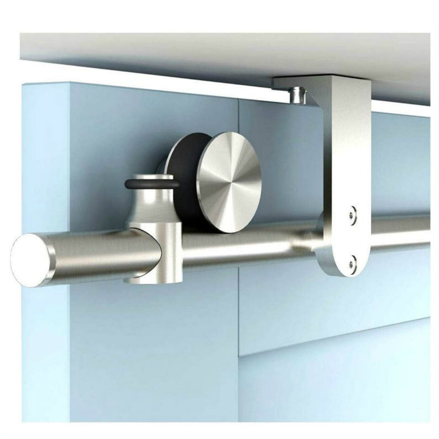 Top ceiling mount bracket brushed stainless steel wood sliding single door hardware BI-PARTING door BYPASS barn door hardware flat roller