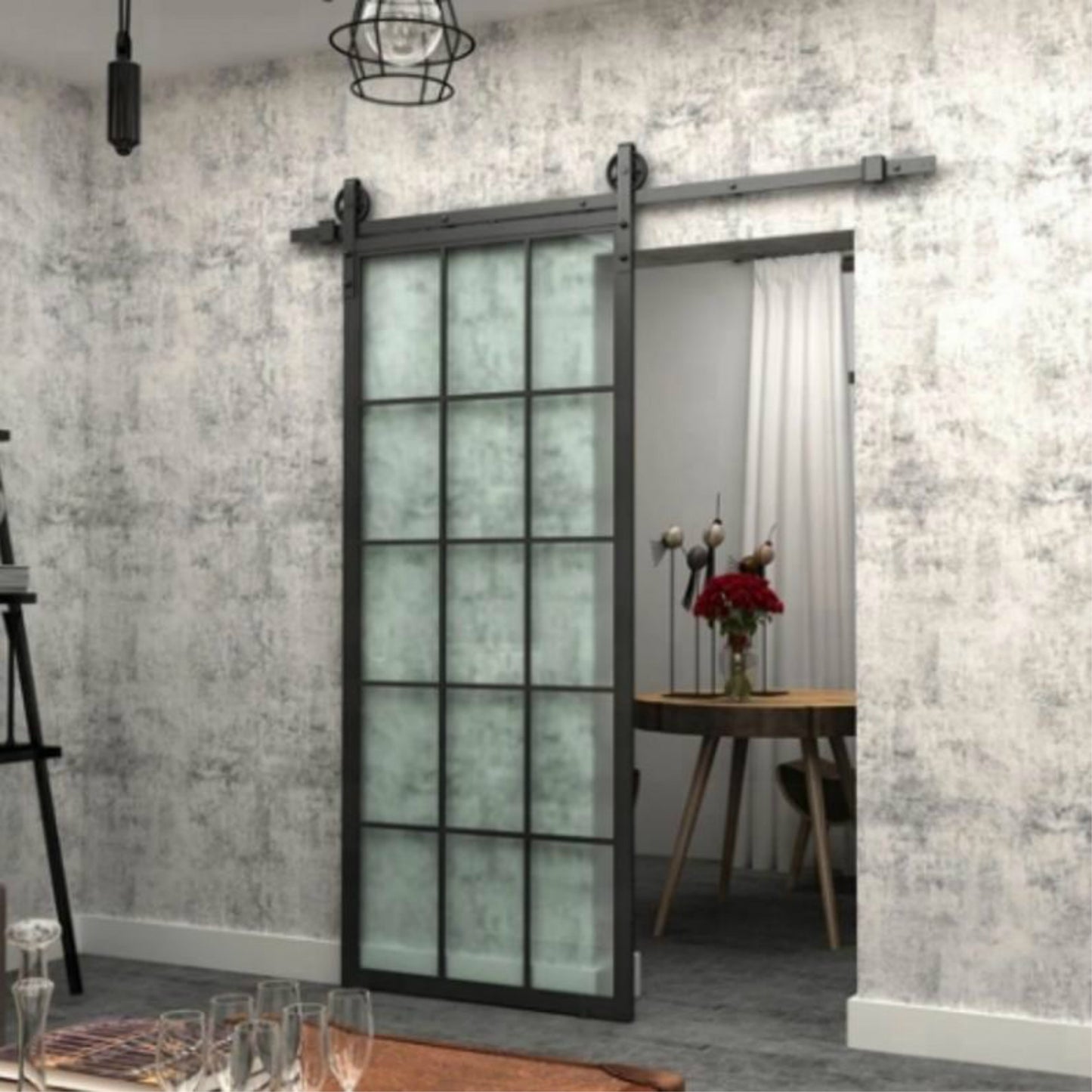 New Stylish Interior Black Steel Framed French Panel Barn Door Clear Tempered Glass Sliding Barn Door Slab Modern Glass Barn Door