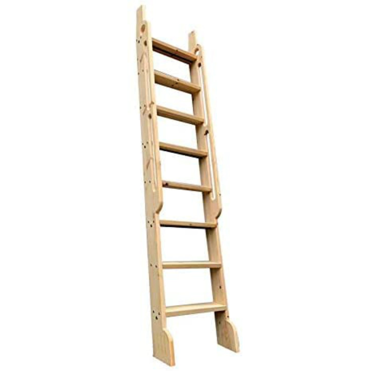Natural Knotty Pine Wood Sliding Library Sliding Step Ladder Rolling Ladder with Curved Handrails, Ready For Painting( Unfinished )
