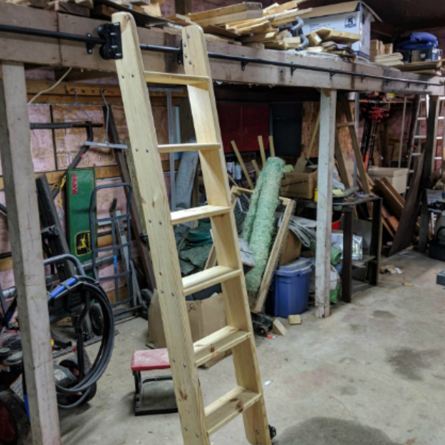 Natural Knotty Pine Wood Sliding Library Sliding Step Ladder Rolling Ladder, Ready For Painting, Solid Durable Steps ( Unfinished )