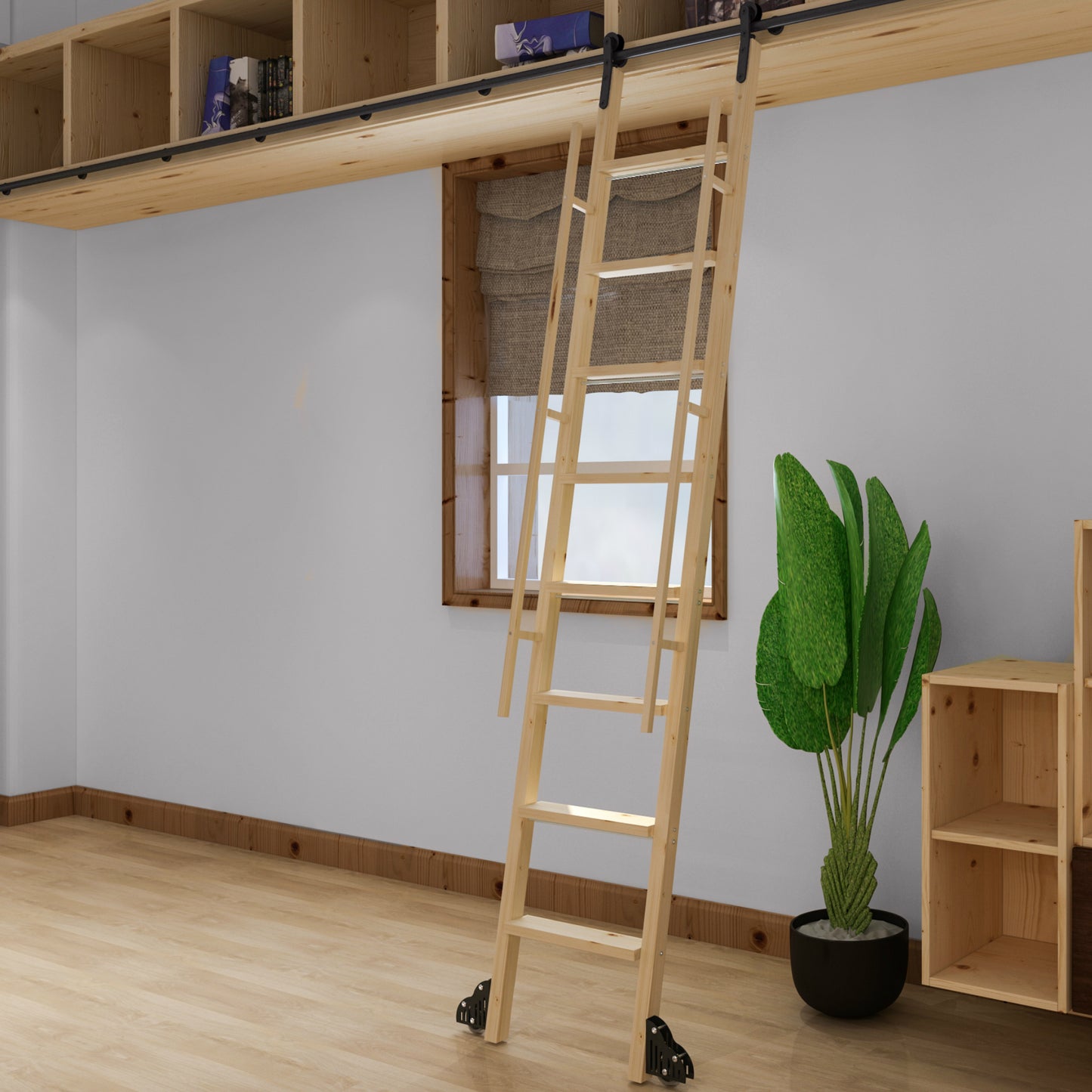 Natural Knotty Pine Wood Sliding Library Sliding Step Ladder Rolling Ladder with Smooth Handrails, Ready For Painting( Unfinished )