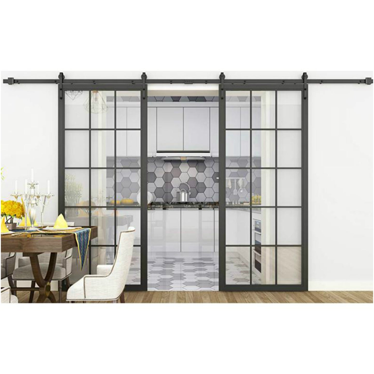 New Stylish Interior Black Steel Framed French Panel Barn Door Clear Tempered Glass Sliding Barn Door Slab Modern Glass Barn Door