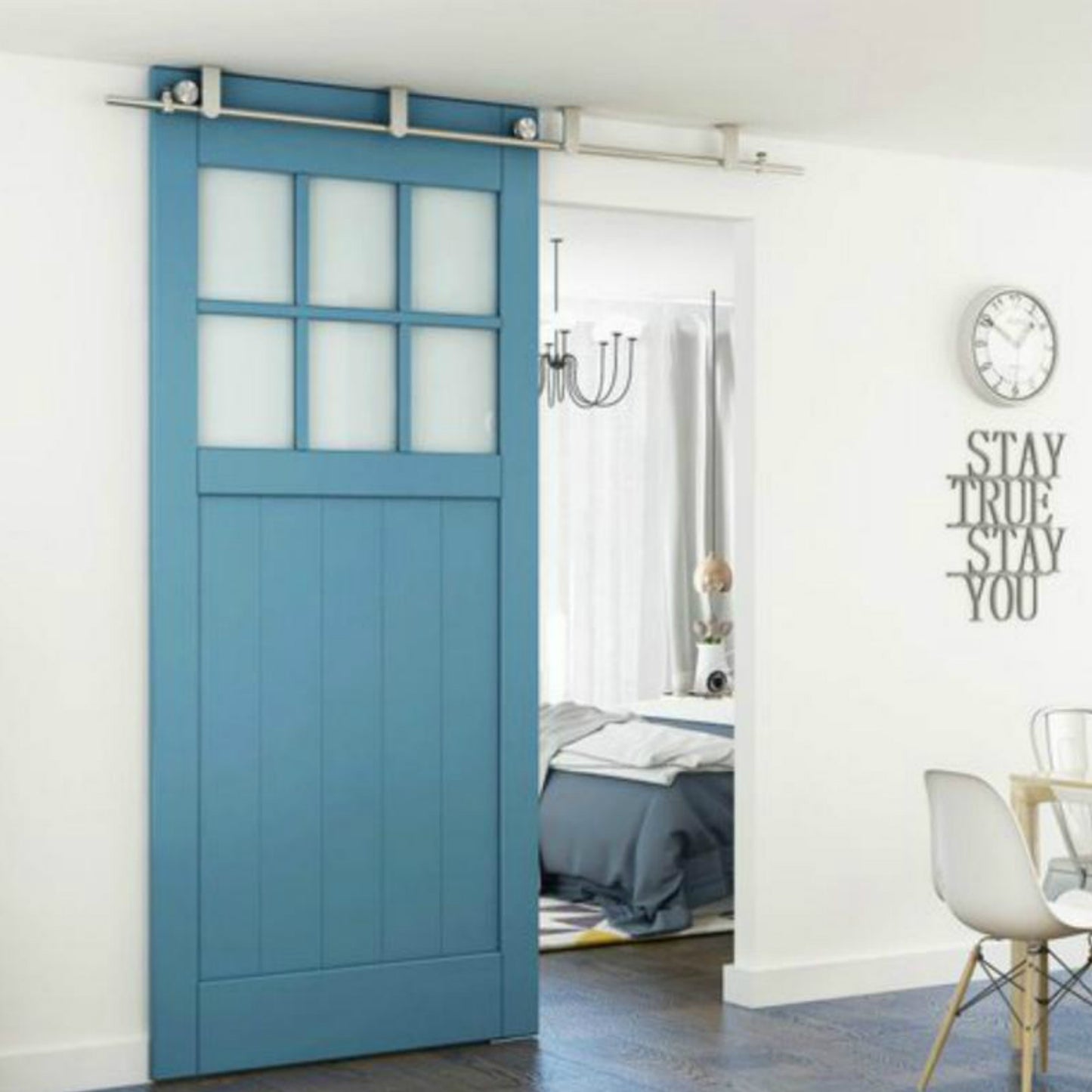 Top ceiling mount bracket brushed stainless steel wood sliding single door hardware BI-PARTING door BYPASS barn door hardware flat roller