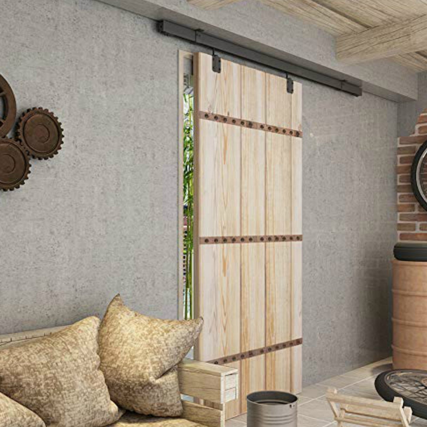 Black Steel Heavy Duty Box Track Ceiling Mount Sliding Barn Door Hardware Wood Exterior Interior Carriage Door Hardware Track Trolley Kit