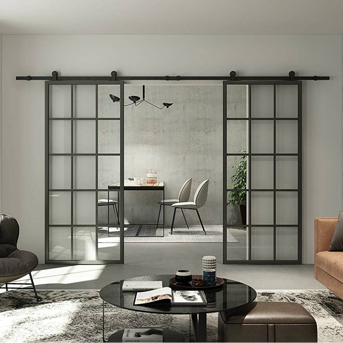 New Interior Black Aluminum Framed French Panel Barn Door Clear Tempered Glass Sliding Barn Door Slab Modern Glass Barn Door (Disassembled)