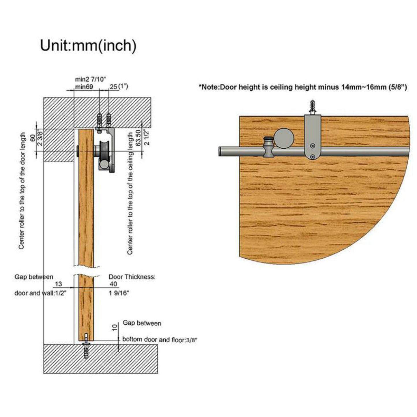 Top ceiling mount bracket brushed stainless steel wood sliding single door hardware BI-PARTING door BYPASS barn door hardware flat roller