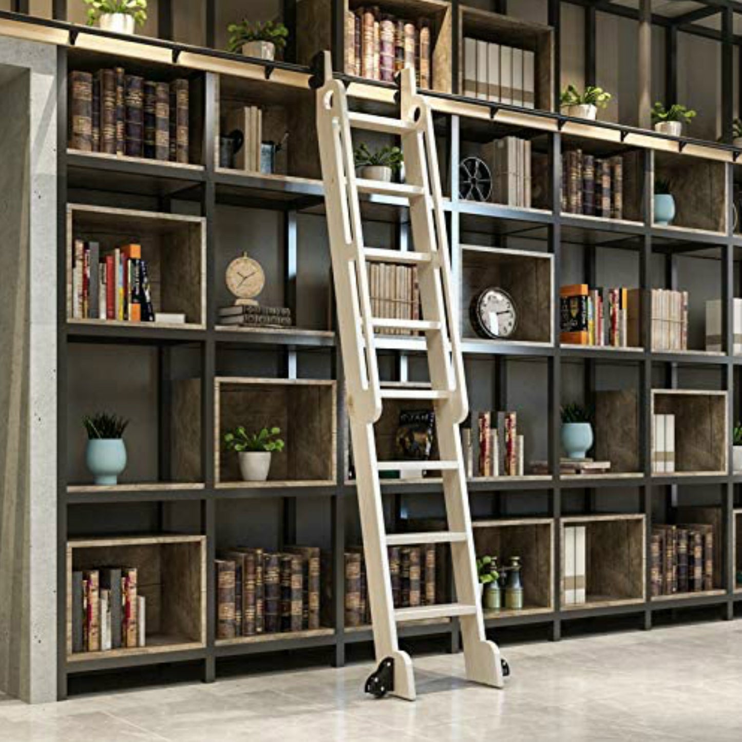 Natural Knotty Pine Wood Sliding Library Sliding Step Ladder Rolling Ladder with Curved Handrails, Ready For Painting( Unfinished )