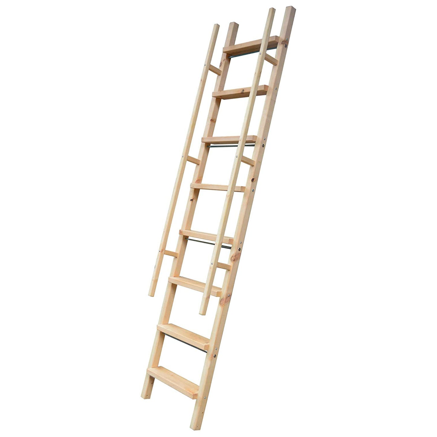 Natural Knotty Pine Wood Sliding Library Sliding Step Ladder Rolling Ladder with Smooth Handrails, Ready For Painting( Unfinished )