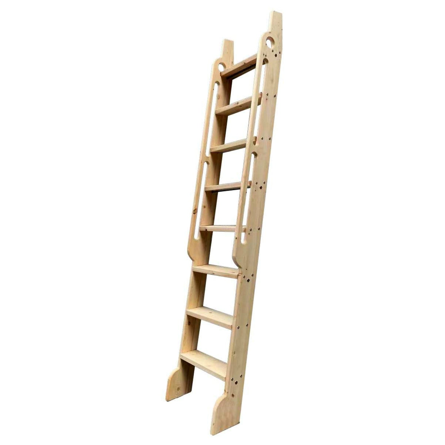 Natural Knotty Pine Wood Sliding Library Sliding Step Ladder Rolling Ladder with Curved Handrails, Ready For Painting( Unfinished )
