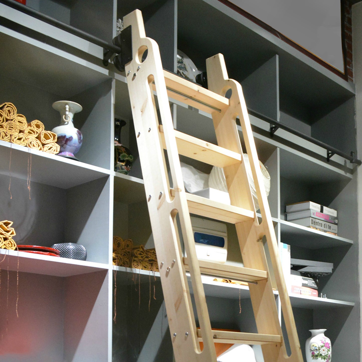 Natural Knotty Pine Wood Sliding Library Sliding Step Ladder Rolling Ladder with Curved Handrails, Ready For Painting( Unfinished )