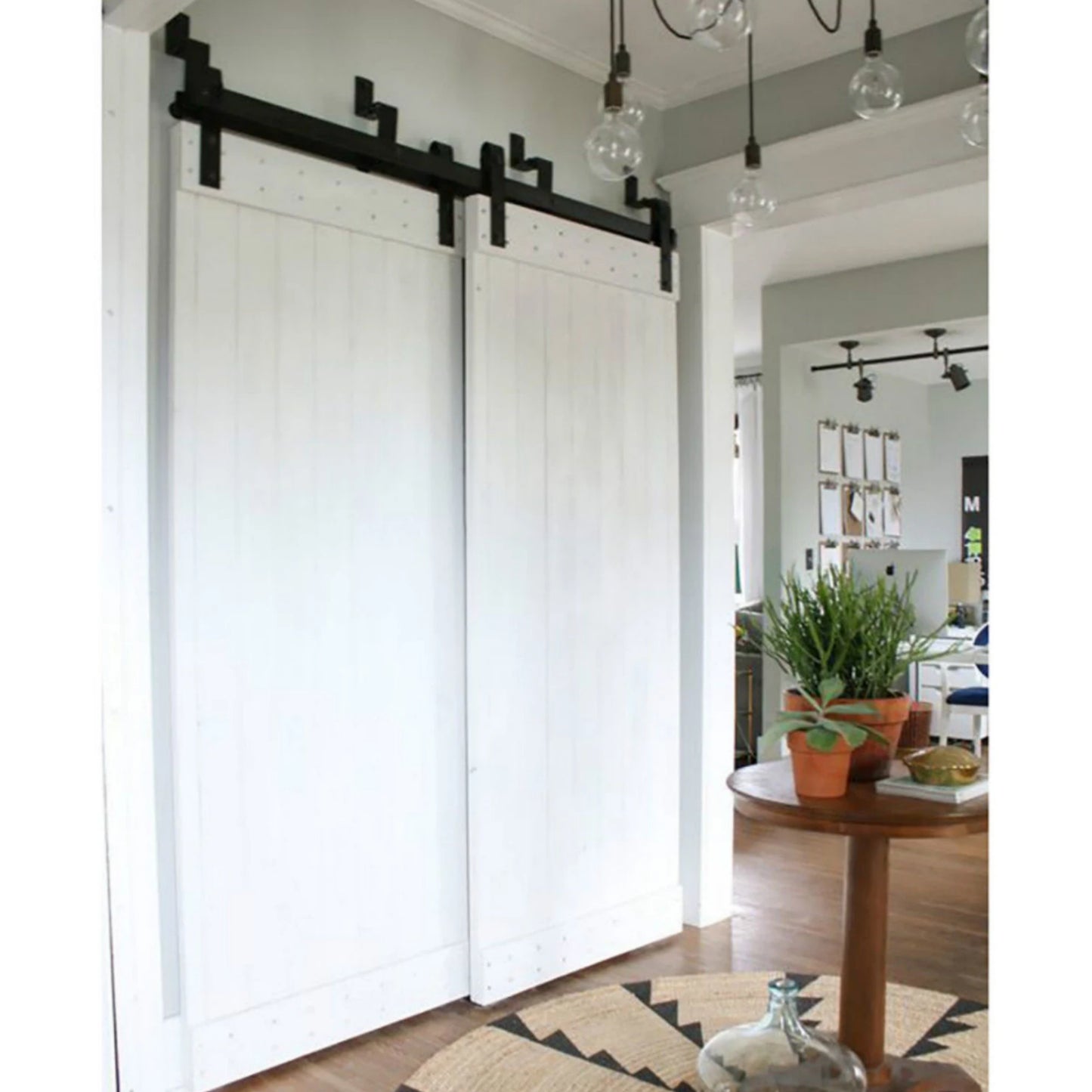 4-8.2FT black steel bypass barn door hardware one piece wall mount bypass sliding door track roller kit